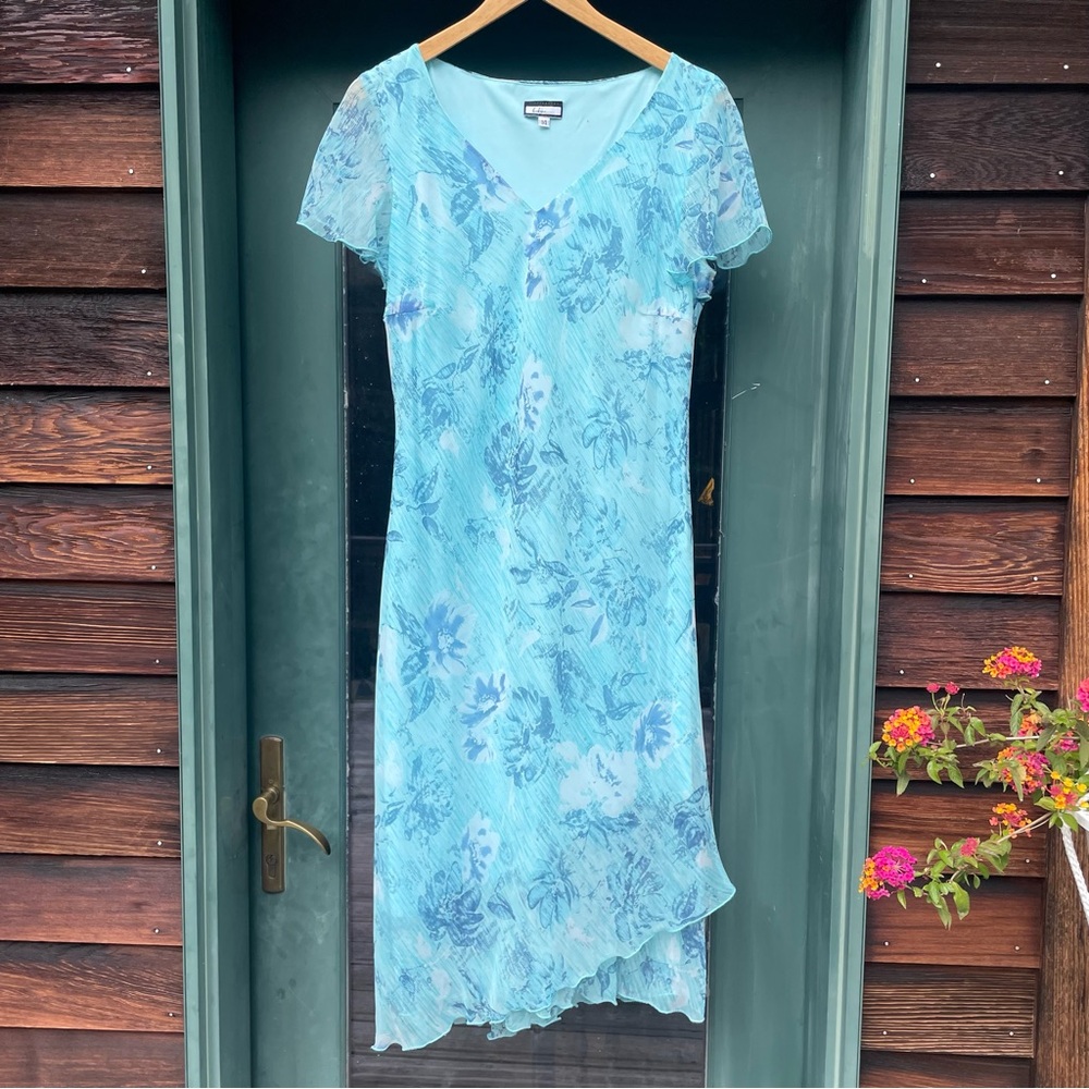 Vintage Y2K Blue Floral Flutter Sleeve V-Neckline Ruffle Formal Midi Dress Sz 14